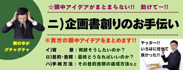 企画書創りのお手伝い：頭中アイデアをまとめます。企画書創りのお手伝い