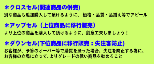 多品種を併売するクロスセル。上位機種販売を目指すアップセル。失注を防ぐダウンセル。